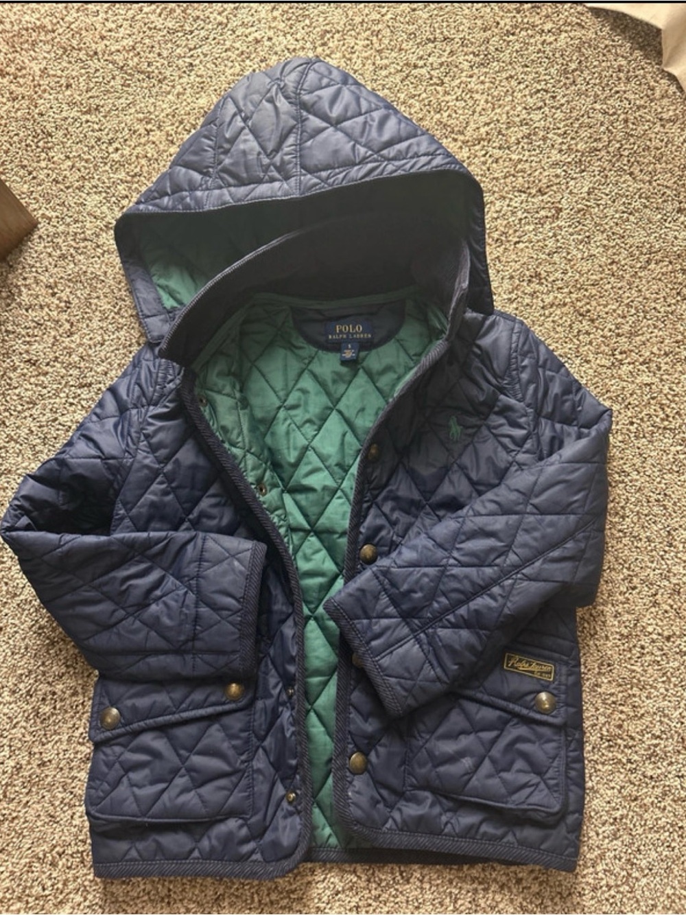 Polo by Ralph Lauren Navy Quilted Hooded Puffer with Green Lining